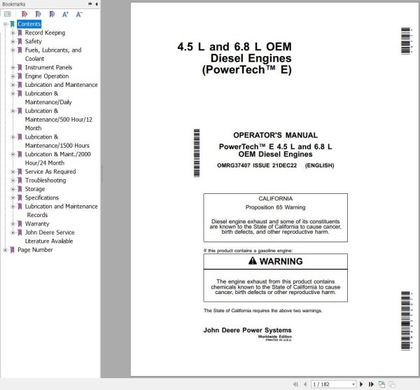 John Deere Engine 4.5L 6.8L PowerTech E Operators Manual OMRG37407 2022 1