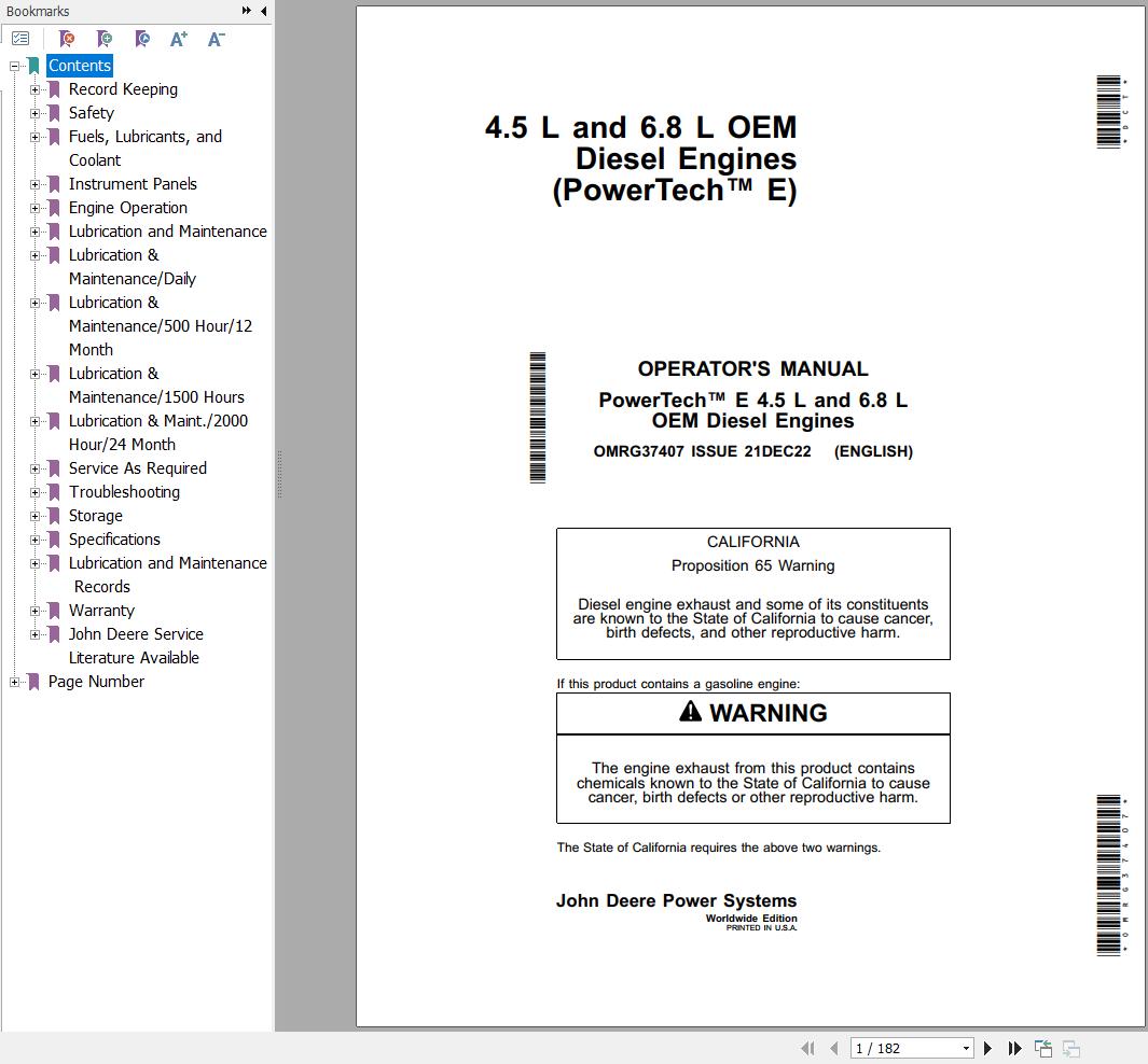 John Deere Engine 4.5L 6.8L PowerTech E Operators Manual OMRG37407 2022 1