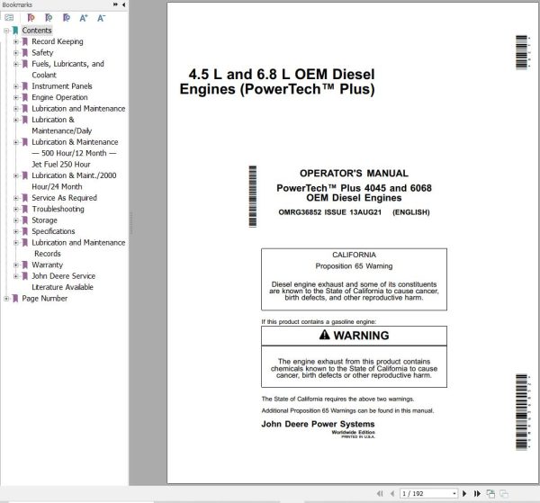 John Deere Engine 4.5L 6.8L PowerTech Plus Operators Manual OMRG36852 1