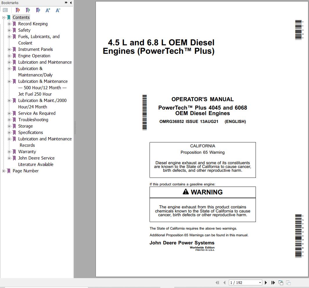 John Deere Engine 4.5L 6.8L PowerTech Plus Operators Manual OMRG36852 1