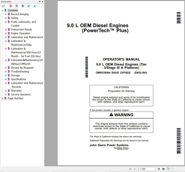 John Deere Engine 9.0L PowerTech Plus Operators Manual OMRG36864 1