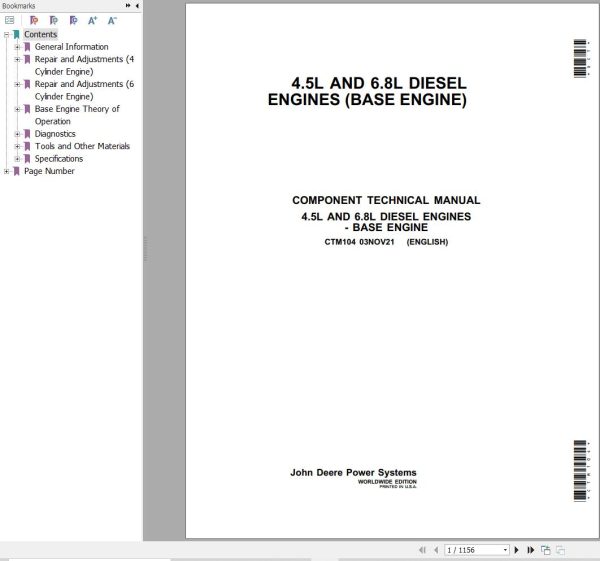 John Deere Engines 4.5L 6.8L Component Technical Manual CTM104 1