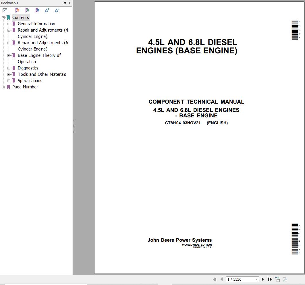 John Deere Engines 4.5L 6.8L Component Technical Manual CTM104 1