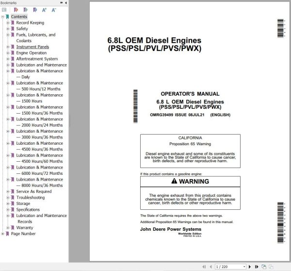 John Deere Engines 6.8L PSS to 6.8L PWX Operators Manual OMRG39499 1