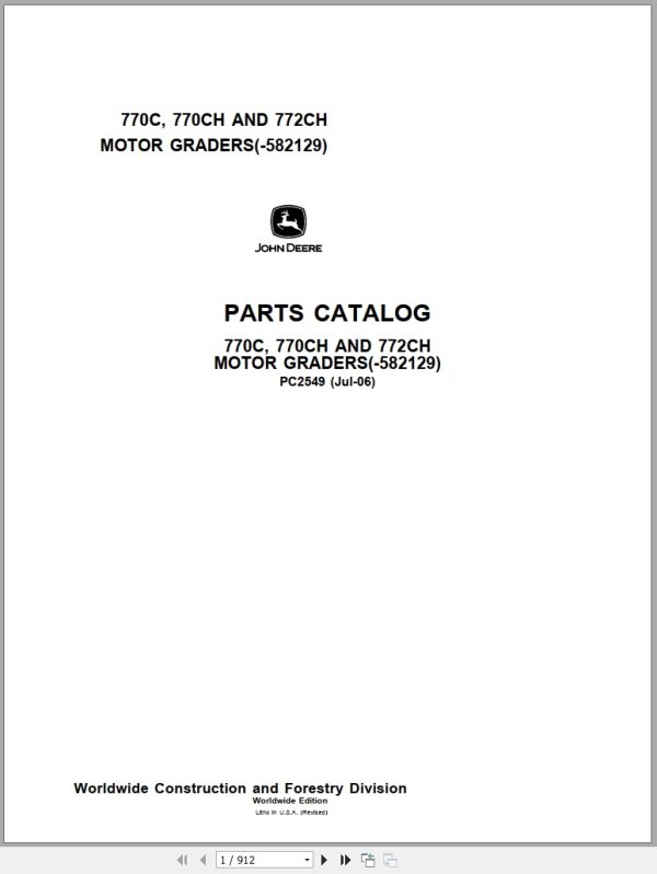 John Deere Motor Graders 770C 770CH 772CH Parts Catalog PC2549 1