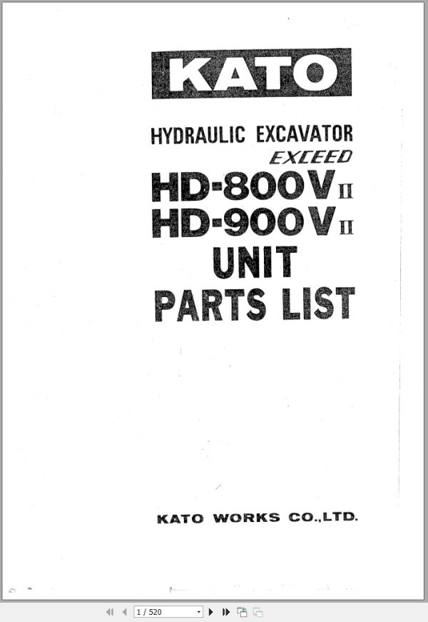 Kato Hydraulic Excavator Exceed HD 800VII HD 900VII Unit Parts List 1