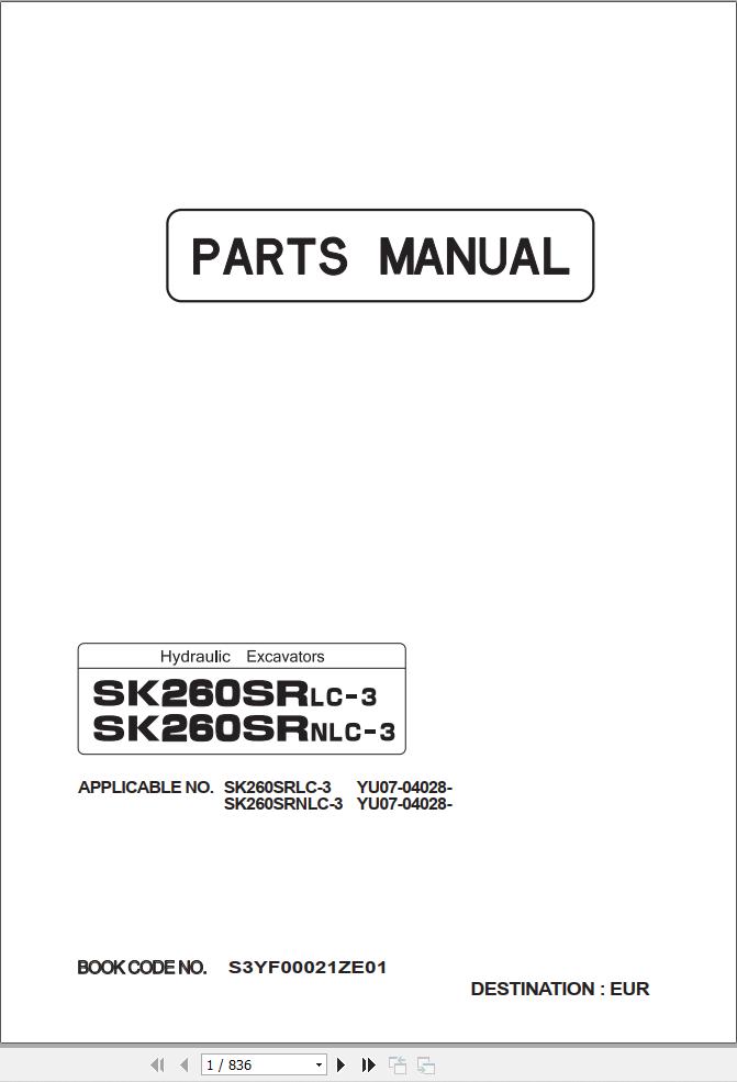 Kobelco Excavator SK260SRLC 3 SK260SRNLC 3 Parts Catalog S3YF00021ZE01 1
