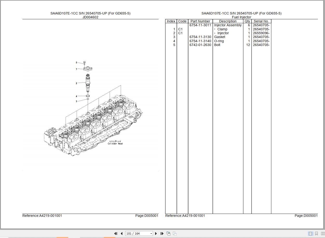 Komatsu Engine SAA6D107E1CC For GD6555 Parts Catalog