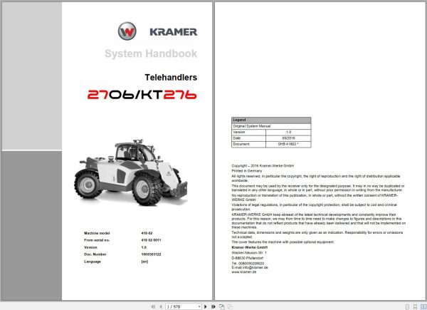 Kramer Telehandlers 2706 KT276 System Manual 1000363122 1