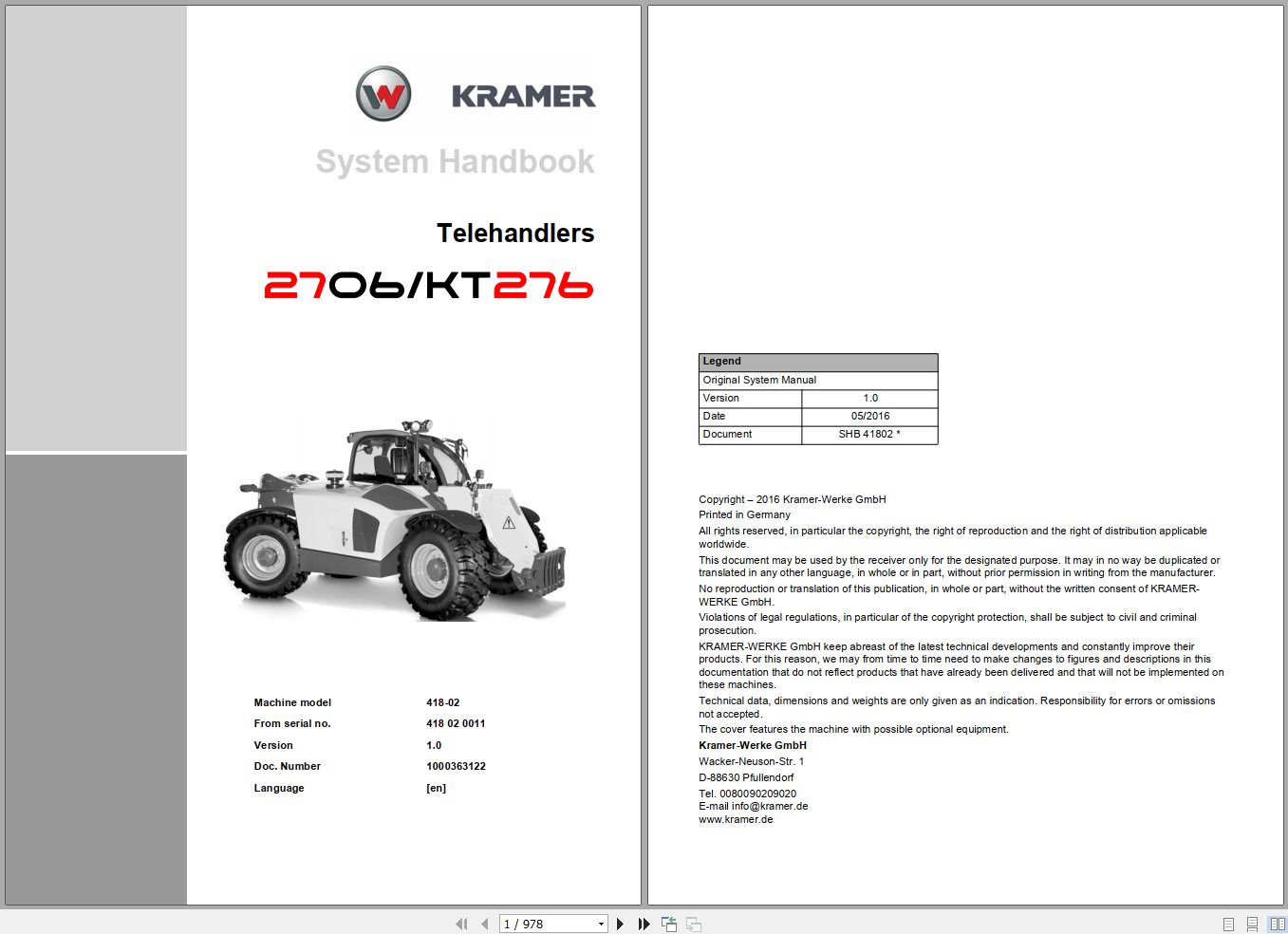 Kramer Telehandlers 2706 KT276 System Manual 1000363122 1
