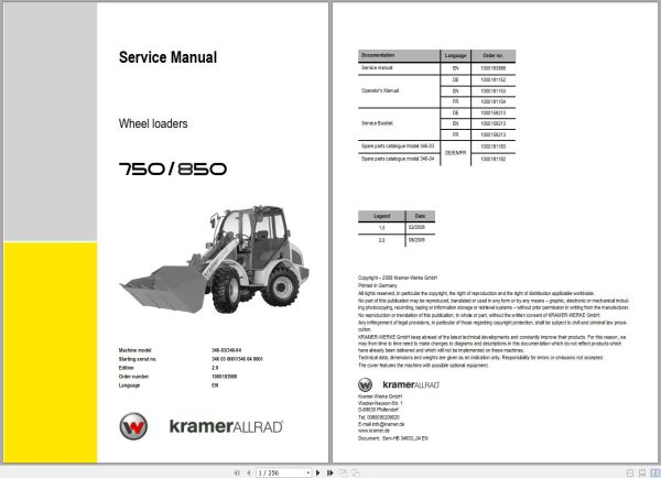 Kramer Wheel Loader 750 850 Service Manual and Diagram 1000183988 1