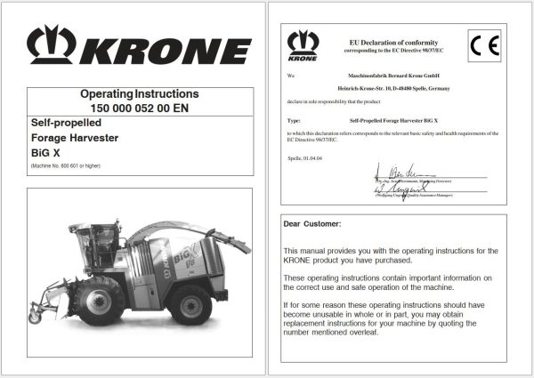 Krone Forage Harvester Big X V8 V12 Operating Instructions 150000052 00 en 1