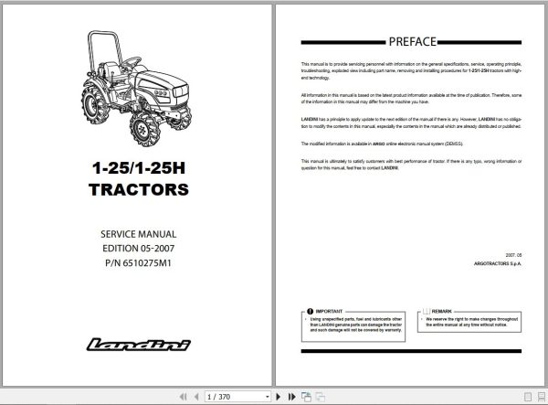 Landini Tractor 1 25 1 25H Service Manual 6510275M1 EN 1