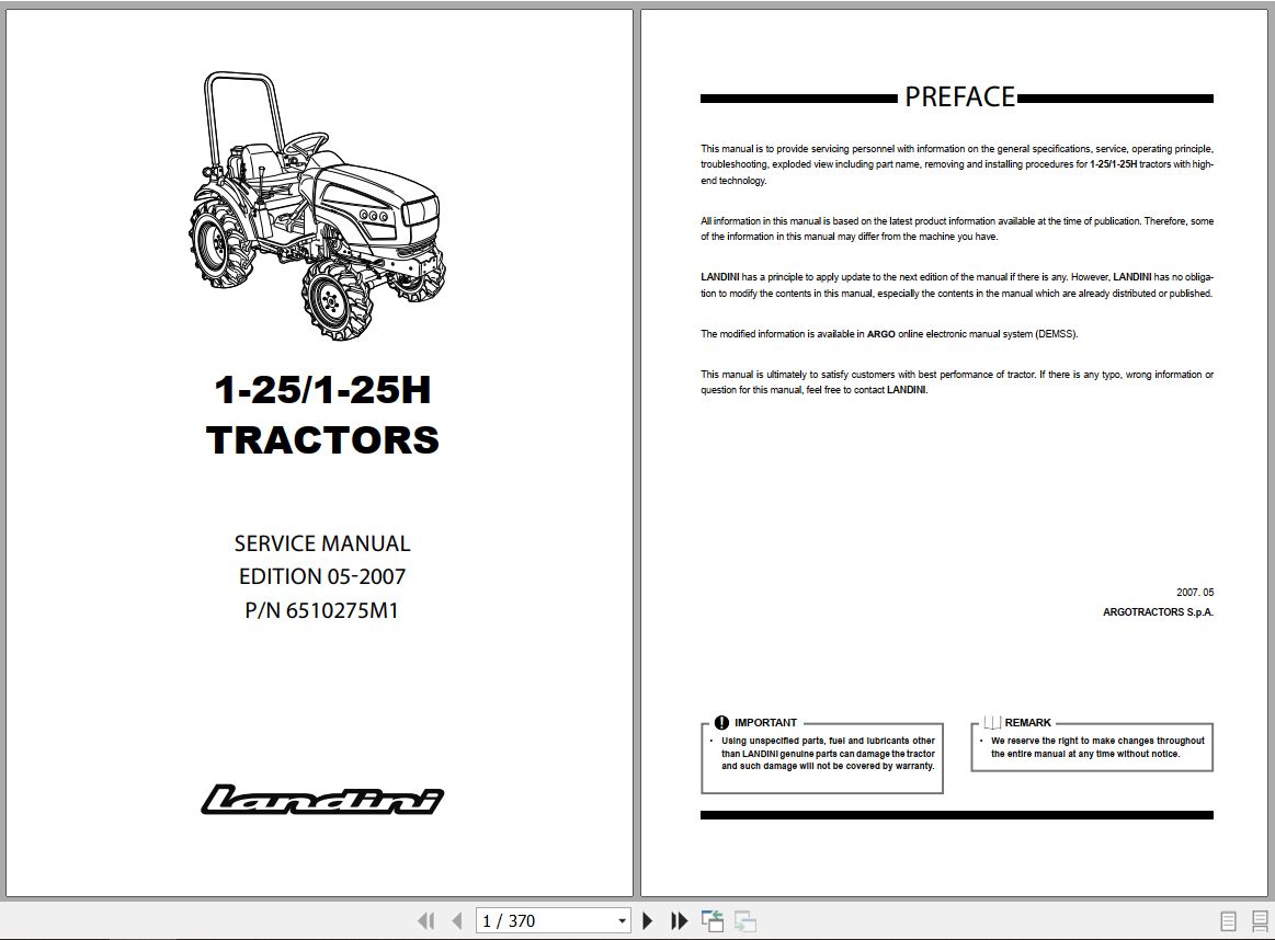 Landini Tractor 1 25 1 25H Service Manual 6510275M1 EN 1