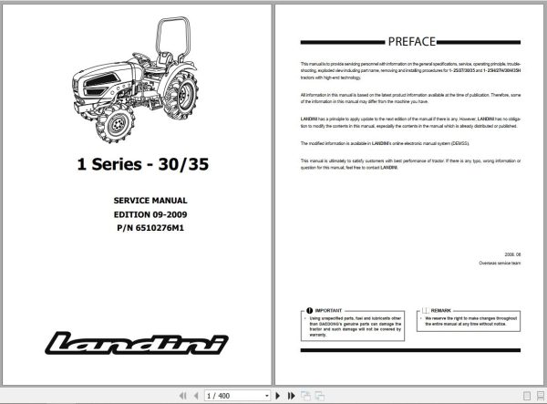 Landini Tractor 1 25 1 27 1 30 1 35 Service Manual 6510276M1 EN 1