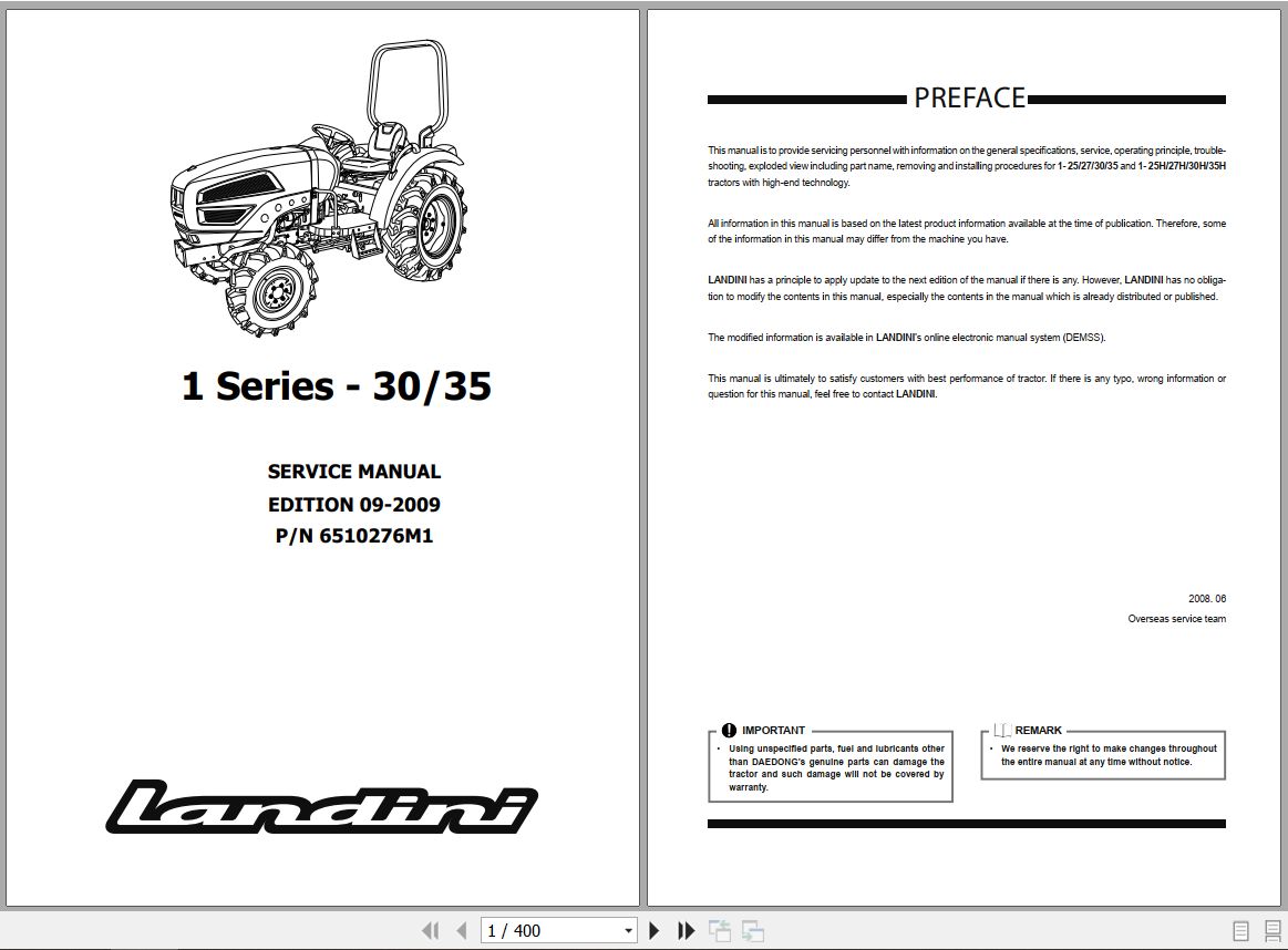 Landini Tractor 1 25 1 27 1 30 1 35 Service Manual 6510276M1 EN 1