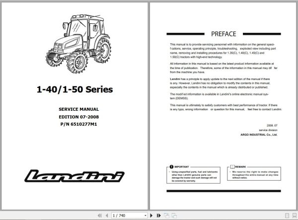 Landini Tractor 1 35 1 40 1 45 1 50 Service Manual 6510277M1 EN 1