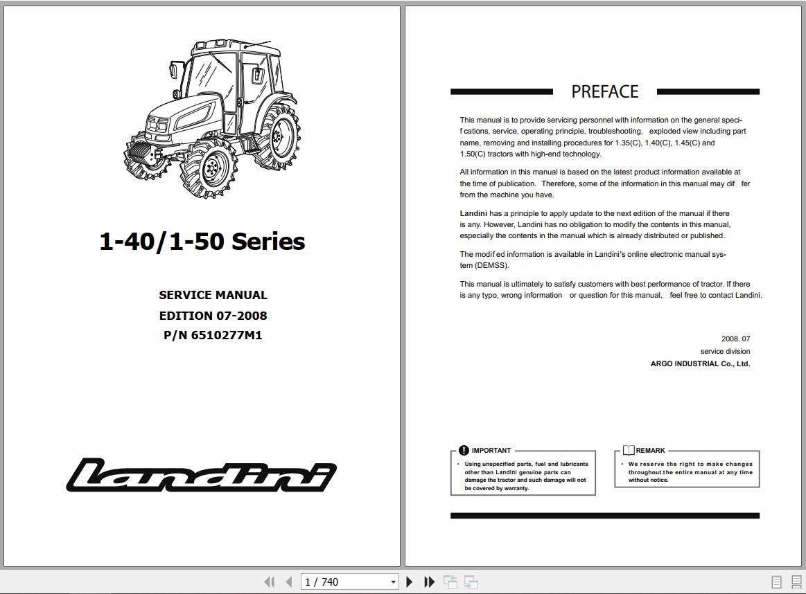 Landini Tractor 1 35 1 40 1 45 1 50 Service Manual 6510277M1 EN 1