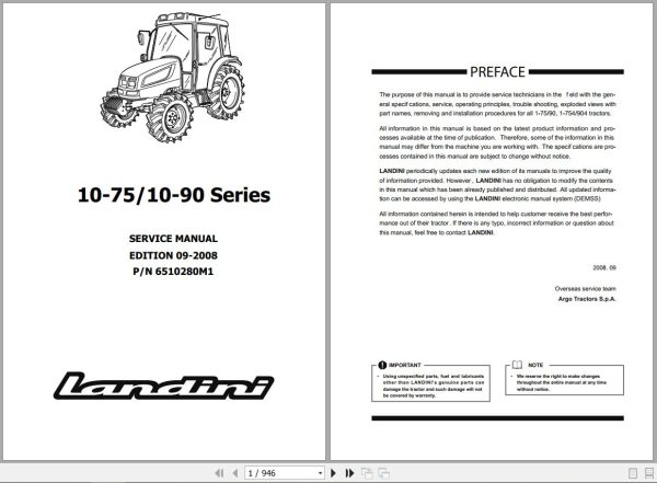 Landini Tractor 1 75 1 90 1 754 1 904 Service Manual 6510280M1 EN 1