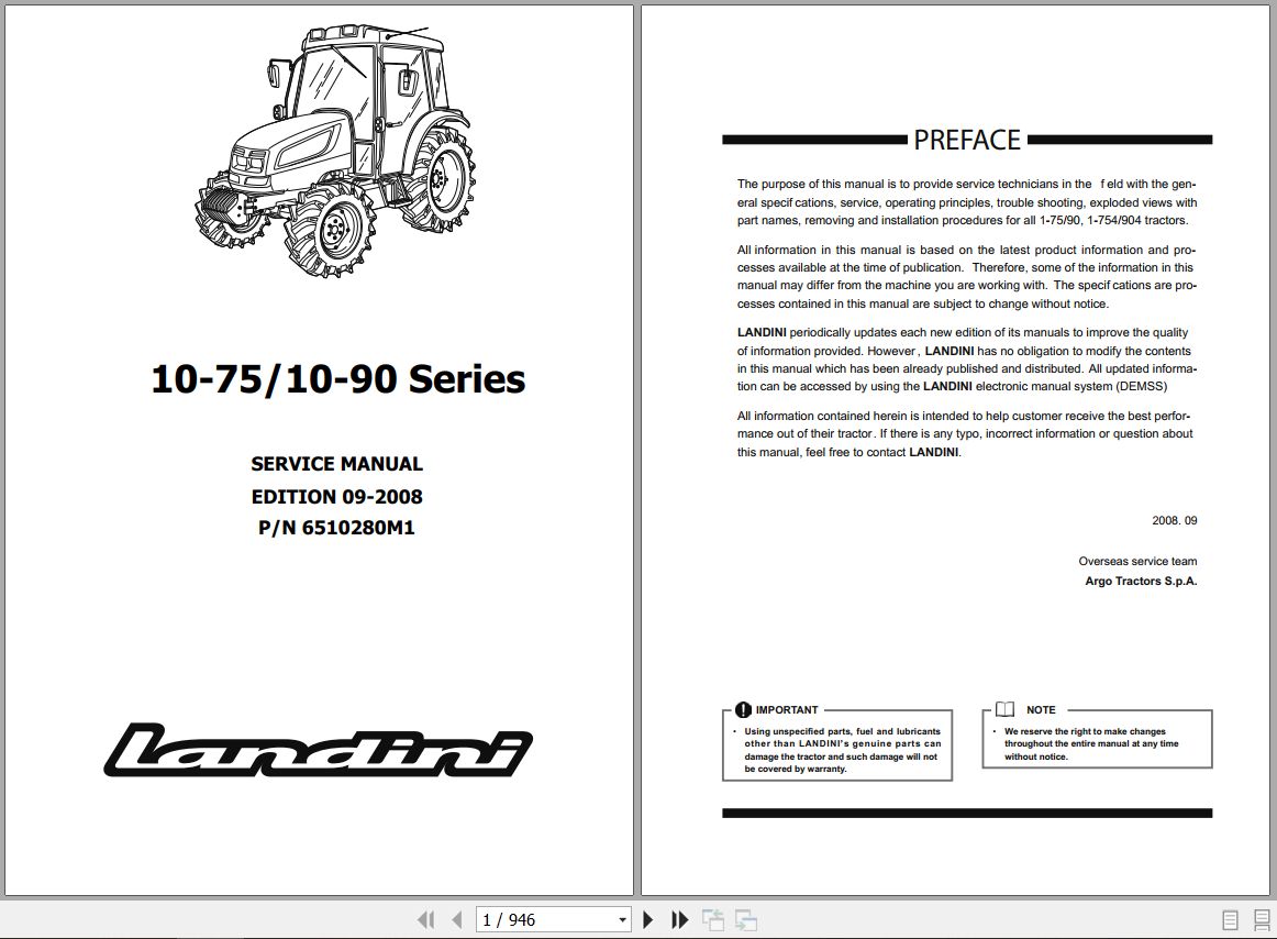 Landini Tractor 1 75 1 90 1 754 1 904 Service Manual 6510280M1 EN 1