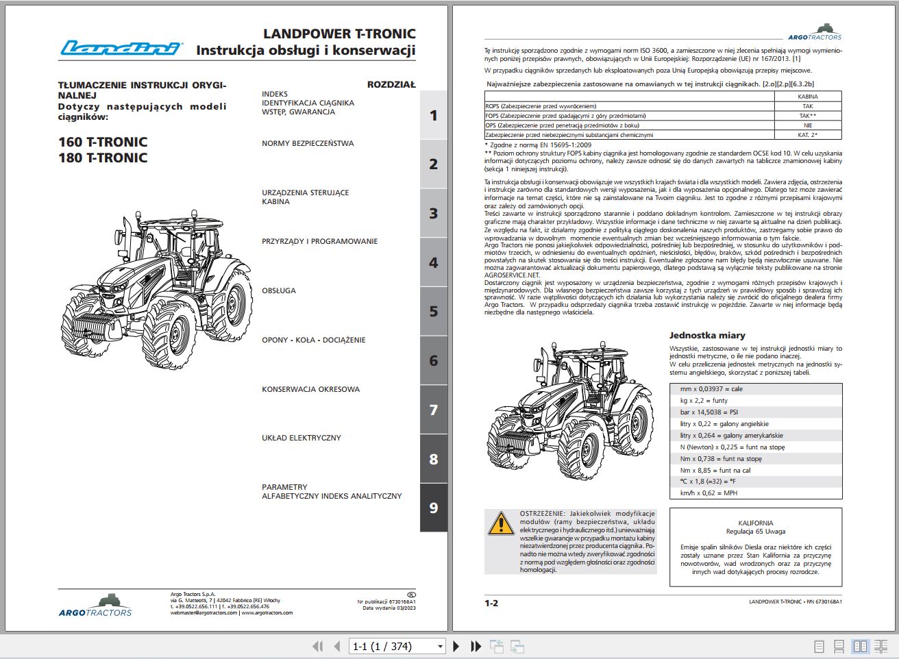Landini Tractor 160 180 T TRONIC Operators Maintenance Manual 6730168A1 PL 1