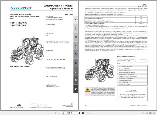 Landini Tractor 160 T TRONIC 180 T TRONIC Operators Maintenance Manual 6704017A1 EN 1