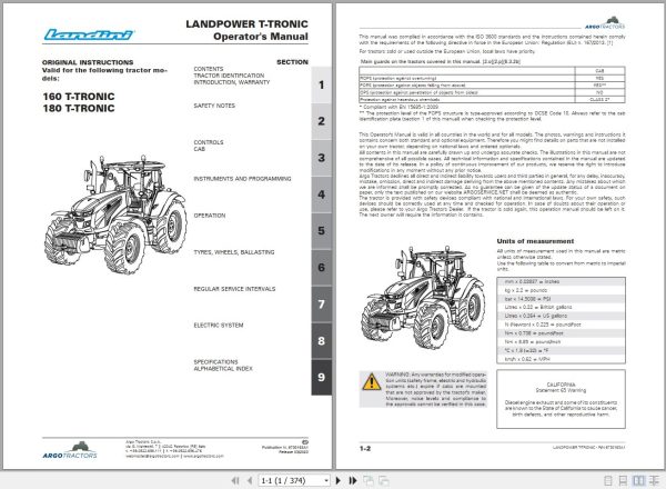 Landini Tractor 160 T TRONIC 180 T TRONIC Operators Maintenance Manual 6730163A1 EN 1