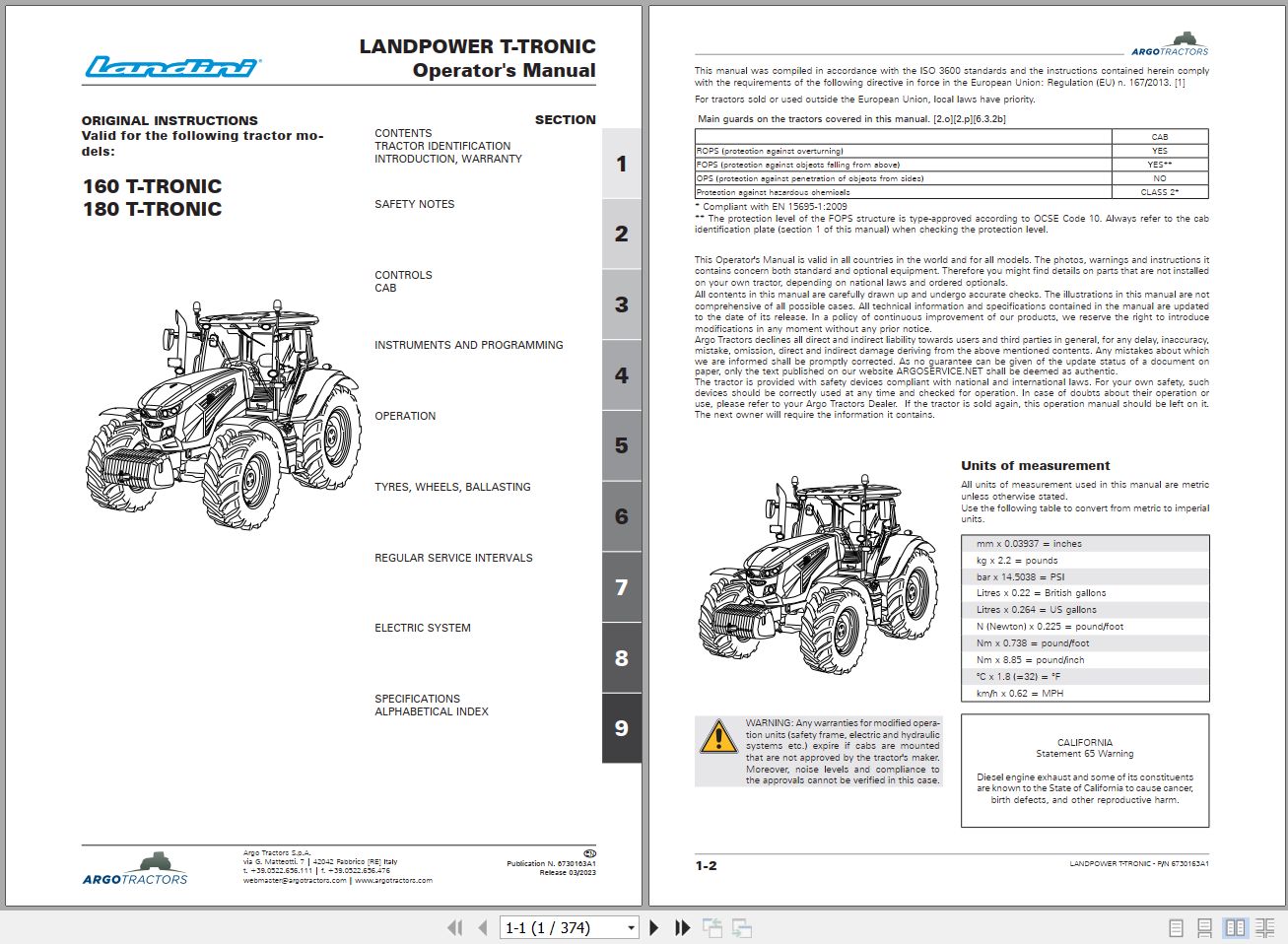 Landini Tractor 160 T TRONIC 180 T TRONIC Operators Maintenance Manual 6730163A1 EN 1