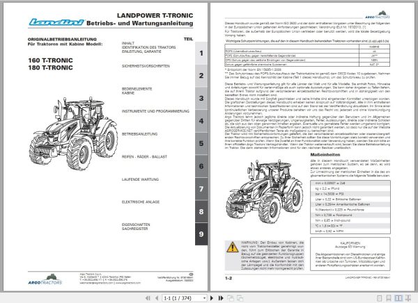 Landini Tractor 160 T TRONIC 180 T TRONIC Operators Maintenance Manual 6730166A1 DE 1