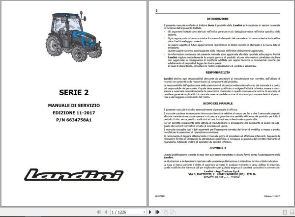 Landini Tractor 2 045 2 050 2 055 2 060 Service Manual 6634758A1 IT 1