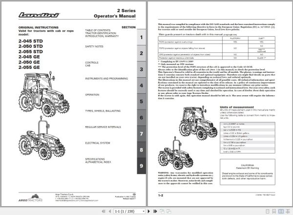 Landini Tractor 2 045 STD 2 055 GE Operators Maintenance Manual 6627124A2 EN 1