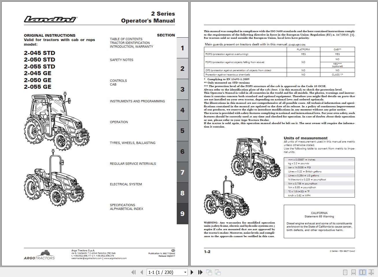 Landini Tractor 2 045 STD 2 055 GE Operators Maintenance Manual 6627124A2 EN 1