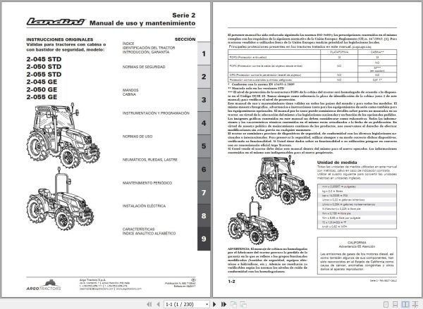 Landini Tractor 2 045 STD to 2 055 GE Operators Maintenance Manual 6627126A2 ES 1