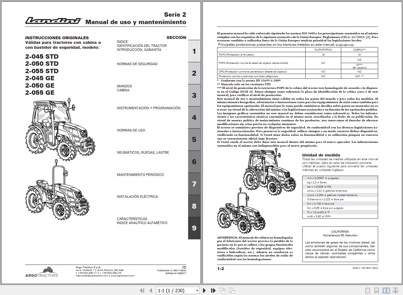 Landini Tractor 2 045 STD to 2 055 GE Operators Maintenance Manual 6627126A2 ES 1