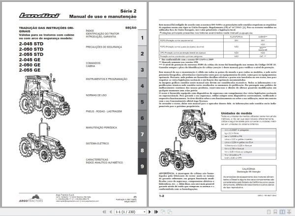 Landini Tractor 2 045 STD to 2 055 GE Operators Maintenance Manual 6627128A2 PT 1