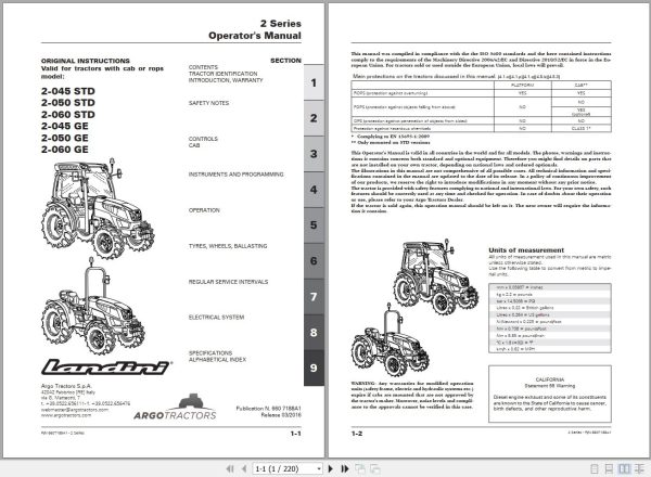 Landini Tractor 2 045 STD to 2 060 GE Operators Maintenance Manual 6607188A1 EN 1