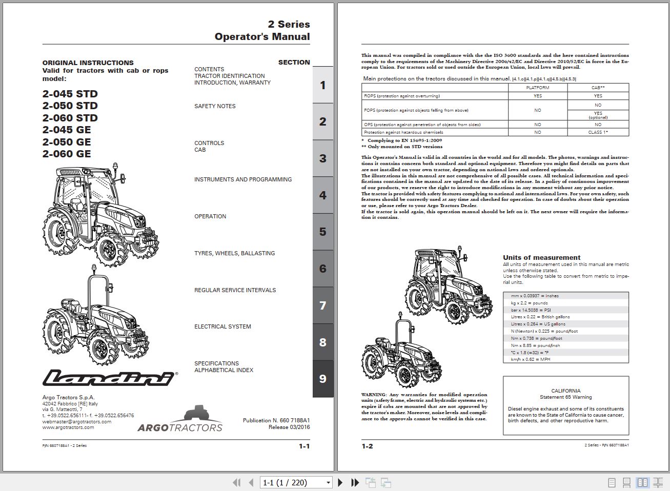 Landini Tractor 2 045 STD to 2 060 GE Operators Maintenance Manual 6607188A1 EN 1