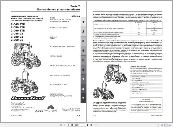 Landini Tractor 2 045 STD to 2 060 GE Operators Maintenance Manual 6607192A1 ES 1