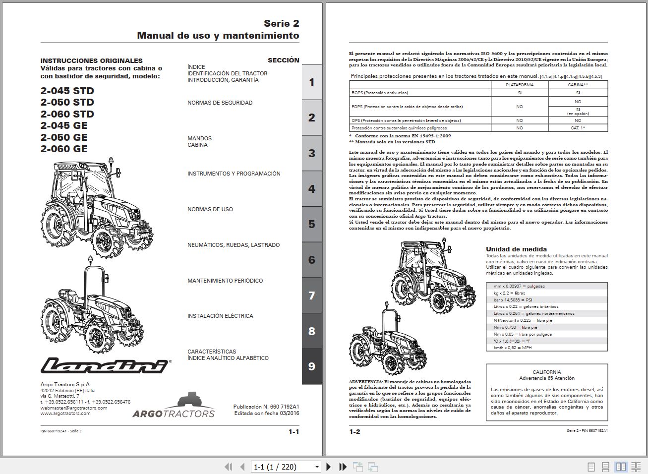 Landini Tractor 2 045 STD to 2 060 GE Operators Maintenance Manual 6607192A1 ES 1