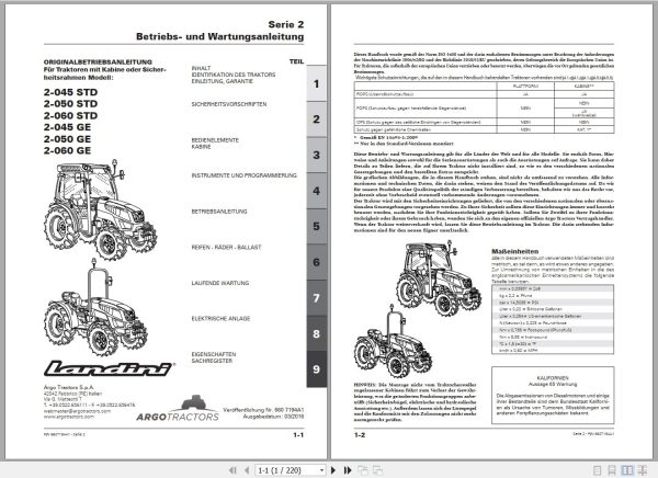 Landini Tractor 2 045 STD to 2 060 GE Operators Maintenance Manual 6607194A1 DE 1