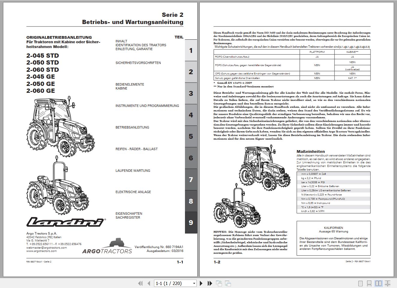 Landini Tractor 2 045 STD to 2 060 GE Operators Maintenance Manual 6607194A1 DE 1