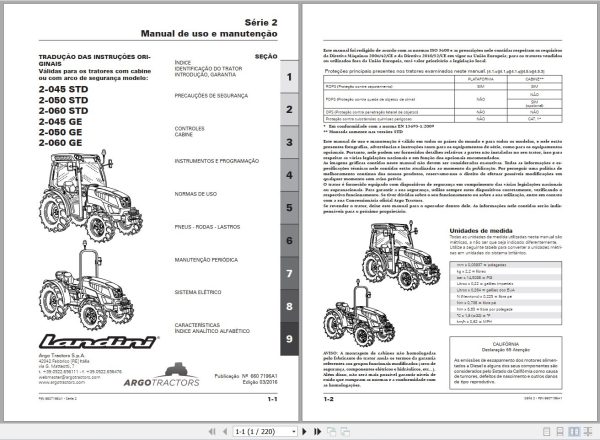 Landini Tractor 2 045 STD to 2 060 GE Operators Maintenance Manual 6607196A1 PT 1