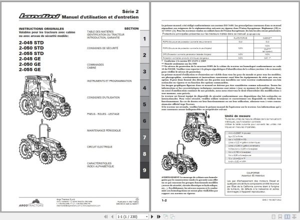 Landini Tractor 2 045STD to 2 055GE Operators Maintenance Manual 6627125A2 FR 1
