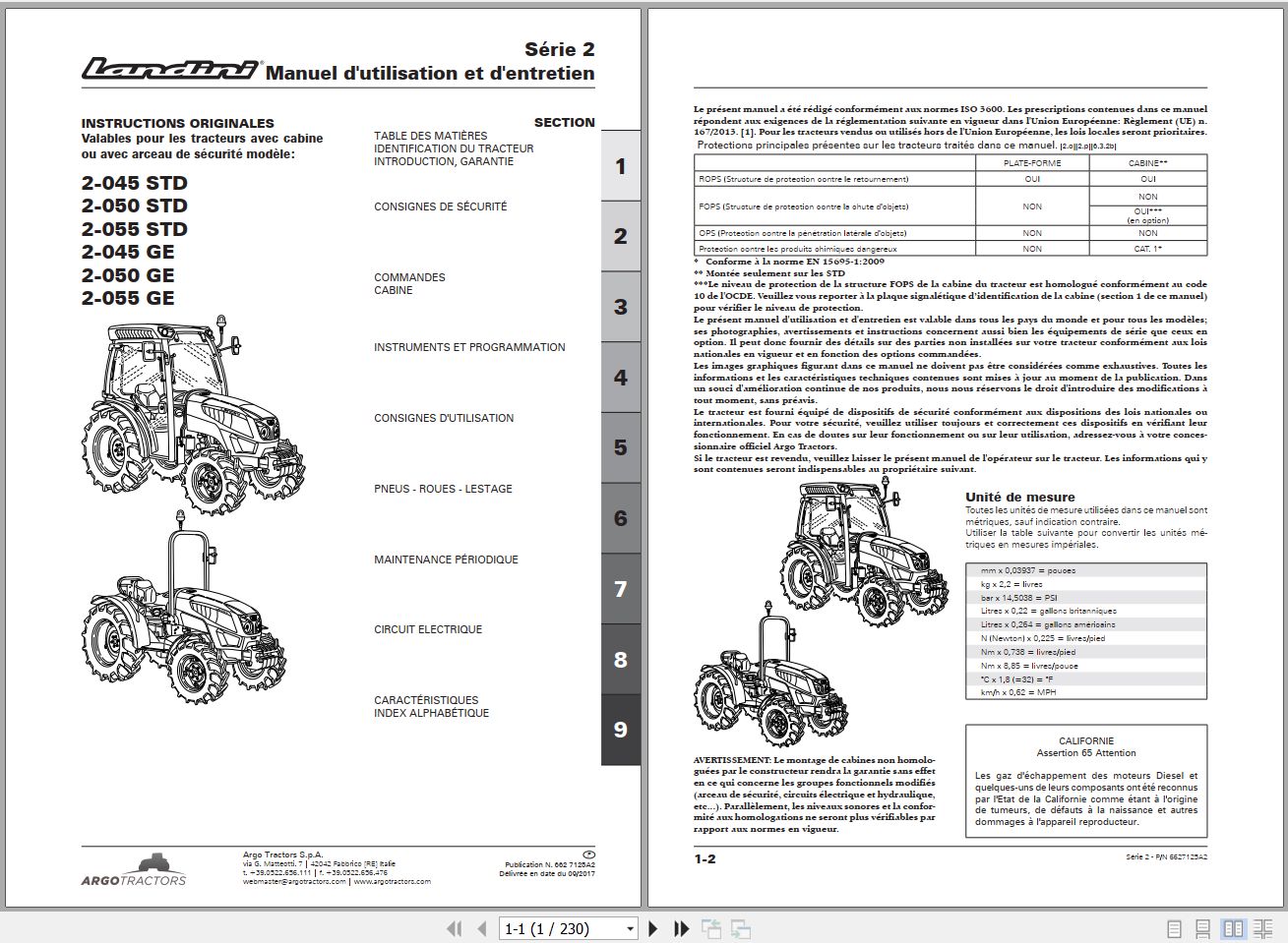 Landini Tractor 2 045STD to 2 055GE Operators Maintenance Manual 6627125A2 FR 1