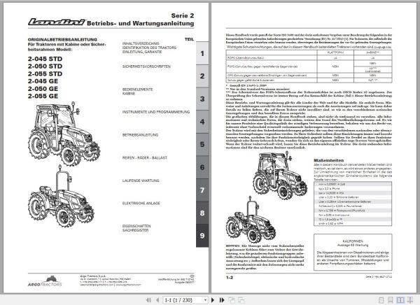 Landini Tractor 2 045STD to 2 055GE Operators Maintenance Manual 6627127A2 DE 1