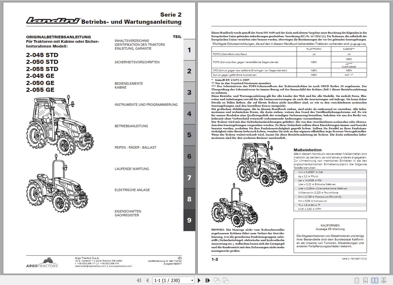 Landini Tractor 2 045STD to 2 055GE Operators Maintenance Manual 6627127A2 DE 1