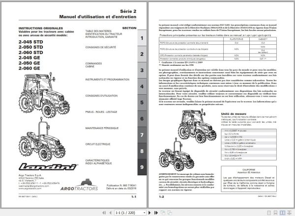 Landini Tractor 2 045STD to 2 060GE Operators Maintenance Manual 6607190A1 FR 1