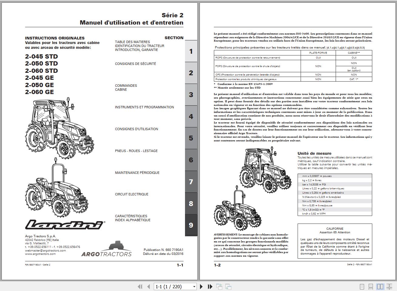 Landini Tractor 2 045STD to 2 060GE Operators Maintenance Manual 6607190A1 FR 1