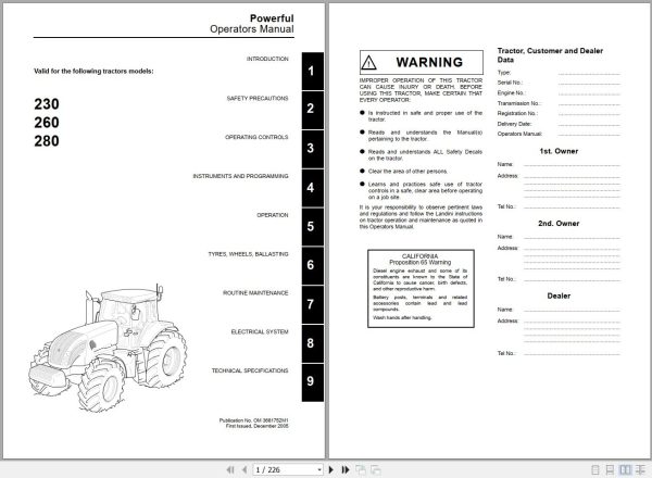 Landini Tractor 230 260 280 Operators Maintenance Manual 3681752M1 EN 1