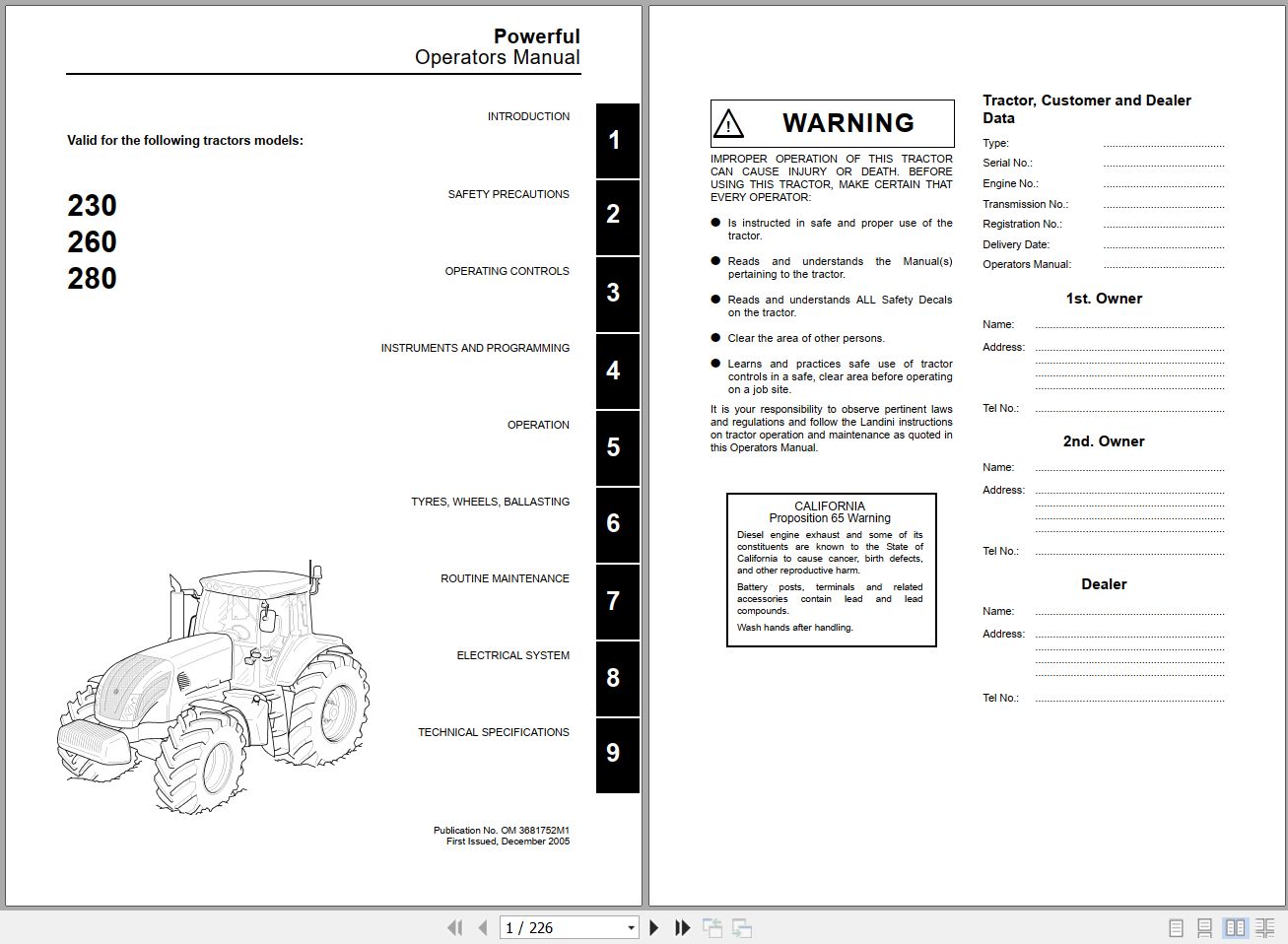 Landini Tractor 230 260 280 Operators Maintenance Manual 3681752M1 EN 1